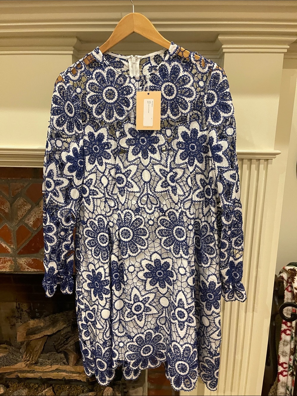 White & Navy Floral Lace Long Sleeve Dress